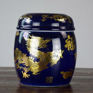 祭蓝金龙纹骨灰坛 陶瓷双盖骨灰坛 定制棺材捡骨罐厂