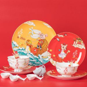 新年大吉礼品餐具定制，鼠年新品三人食碗盘碟创意套装供应厂家